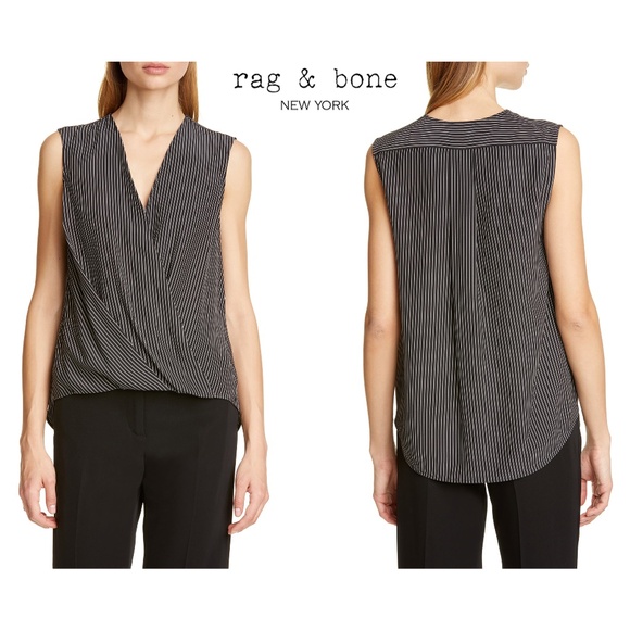RAG & BONE NWT VICTOR SLEEVELESS 100% SILK BLACK WHITE STRIP BLOUSE. SIZE M - Picture 1 of 14